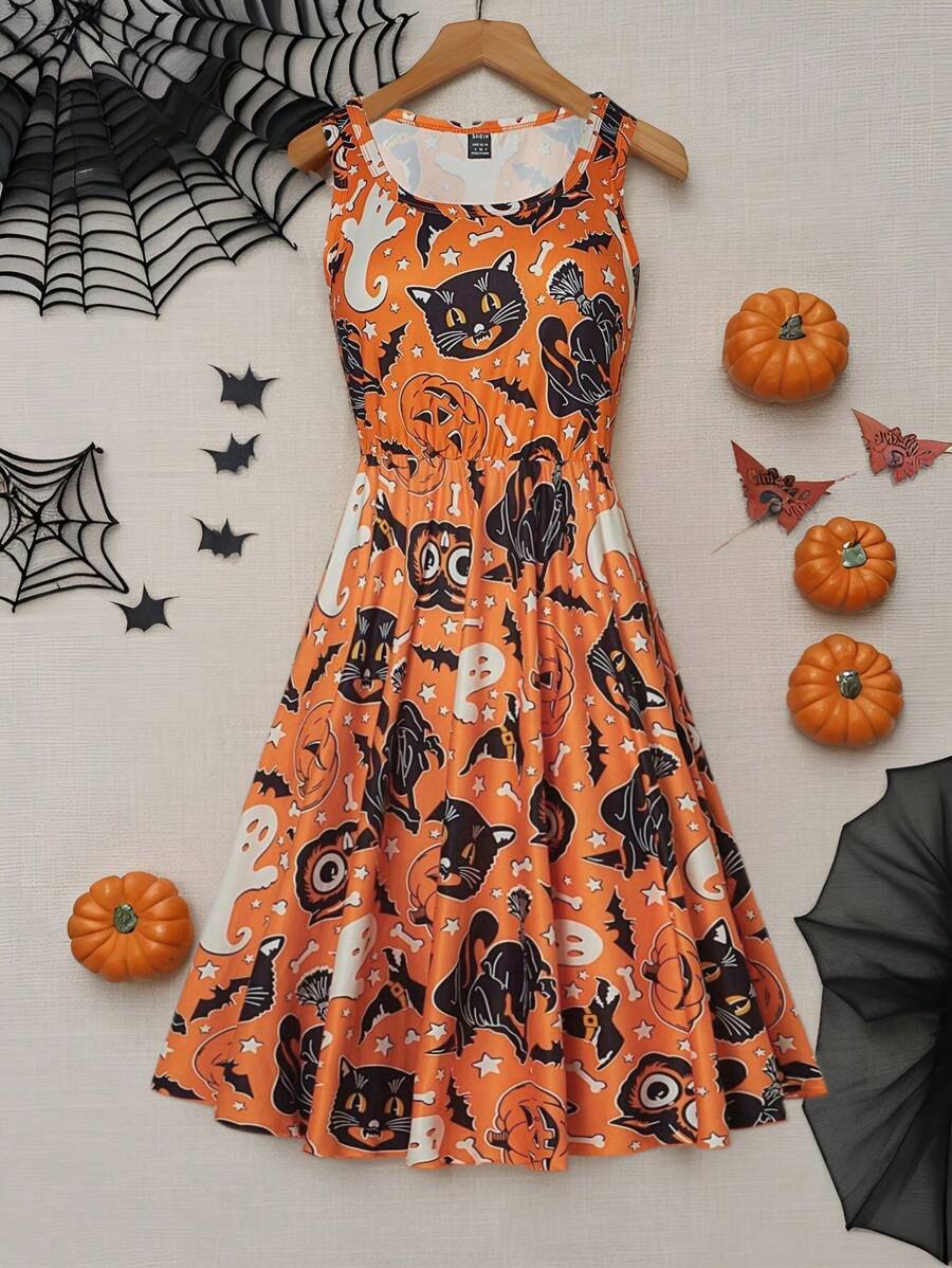 女士橙色万圣节南瓜和猫全身印花圆领无袖荷叶边收腰 A 字裙，带松紧下摆，秋季节日派对服装 - 橘色 - 查看 1