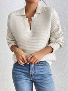 Chiquease 女士法式宽松领针织套头毛衣，秋冬款 - 杏色 - 查看 7