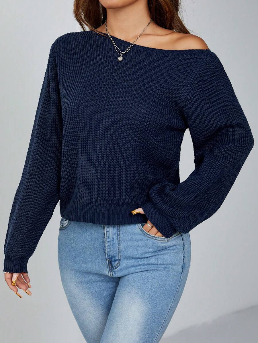 SHEIN PETITE Pullover Slanted Shoulder Ribbed Women's Sweater,Long Sleeve Tops