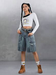 Rick and Morty X SHEIN Women's Cartoon Character & Slogan Print 2 In 1 Fitted Cropped T-Shirt, Graphic Tee - White - View 6