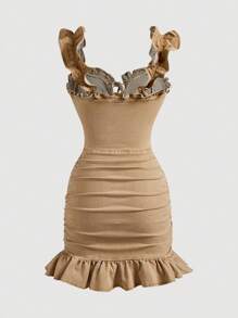 SHEIN MOD Robe en jean moulante femme d'été à volants mode, nœud papillon élastique romantique