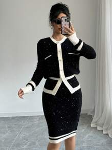 Elenzga 2pcs Women's Elegant Contrast Color Trim Asymmetric Hem Long Sleeve Blouse And Skirt Sweater Set - Black - View 4