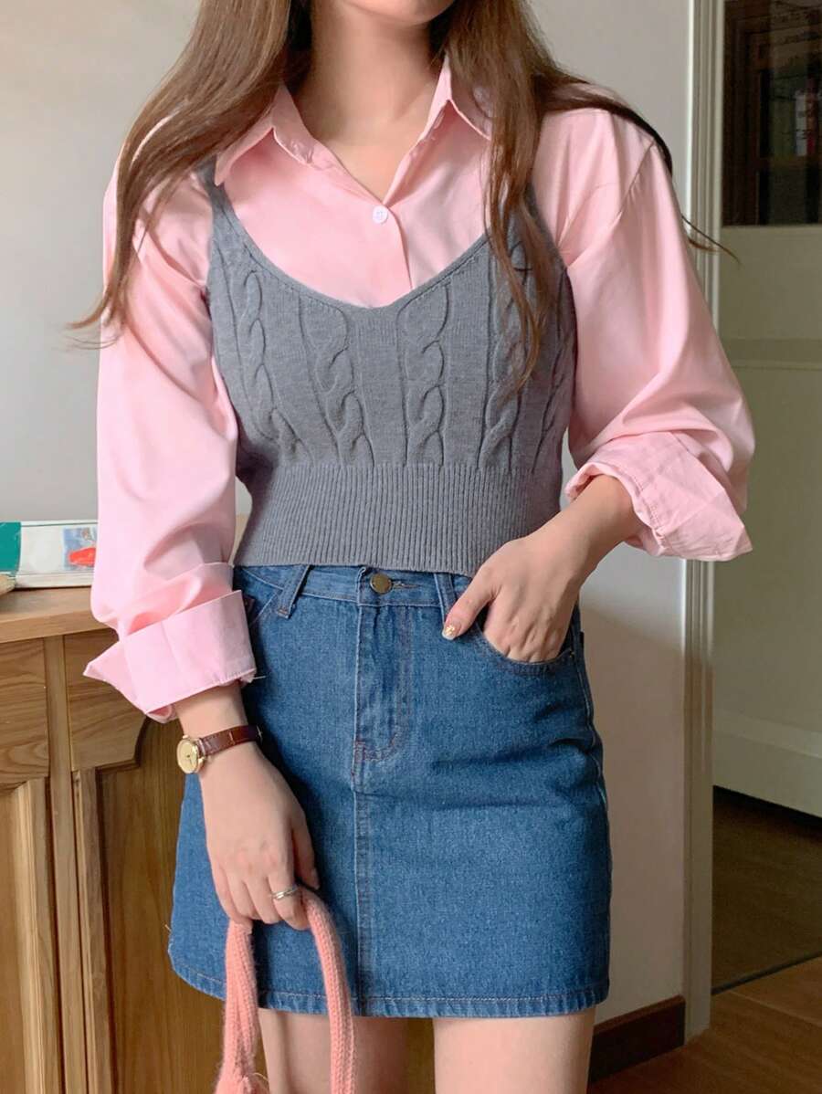 DAZY Áo len chui đầu hở lưng không tay họa tiết tối giản cho nữ mùa thu - Xám - Xem 1