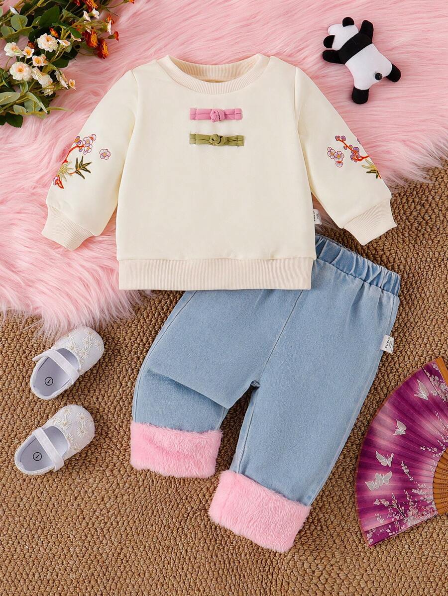 2pcs Baby Girls Chinese Style Embroidered Button Sweatshirt And Denim Jeans Set, Spring/Autumn