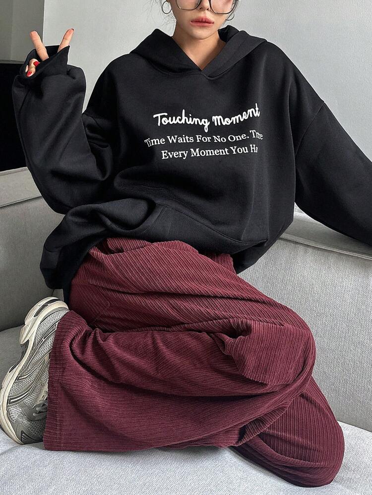 Women's Black Letter Print Hoodie Pullover Sweatshirt,Fall Women Clothes