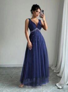 SHEIN Belle 女士荷叶边甜心领露背优雅迷人时尚连衣裙长款女装 - 藏蓝色 - 查看 3