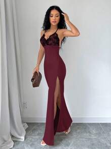 Elenzga Summer Sexy Colorblock Contrast Lace Deep V Neck Backless High Slit Dress, Date Night Dress - Burgundy - View 4