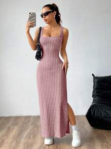 Flirla 女式露背扭纹设计纯色简约开衩连衣裙长款女装 - 粉色 - 查看 6