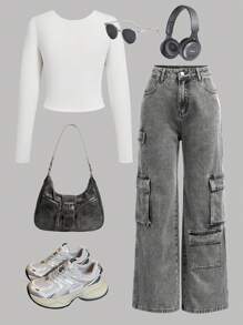 SHEIN Teen Girl Buy 1 Get 2 Free 3pcs/Set Black, White, Brown Casual Reversible Thermal Lined Warm Long Sleeve Fitted Cropped T-Shirts, Fall Top - Multicolor - View 17