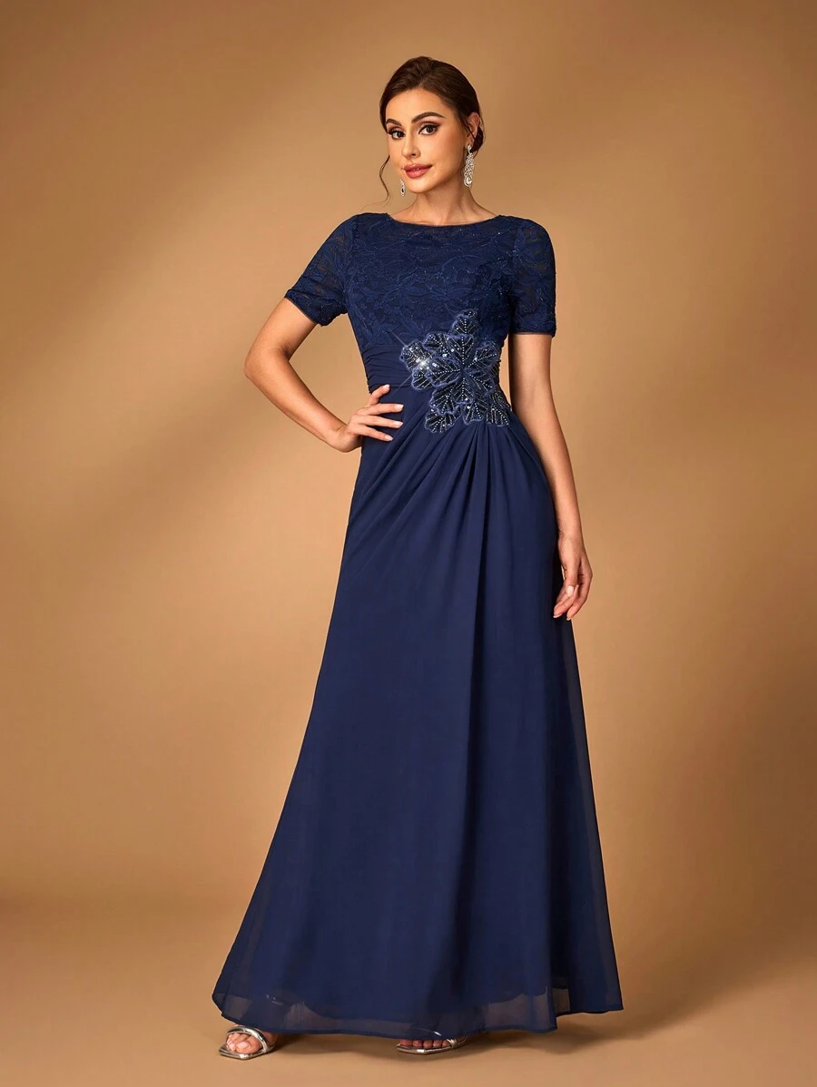 SHEIN Belle Elegant And Noble Navy Blue Sequined Lace Splicing Chiffon Fabric, Mid-Length Sleeves, Gathered, Sequined Pearl Three-Dimensional Appliques, Waist Section, Gathered, A-Line Hem, Wedding Event Occasion, Party, Formal Mother Of The Bride Dress, Evening Dress - Navy Blue - View 1