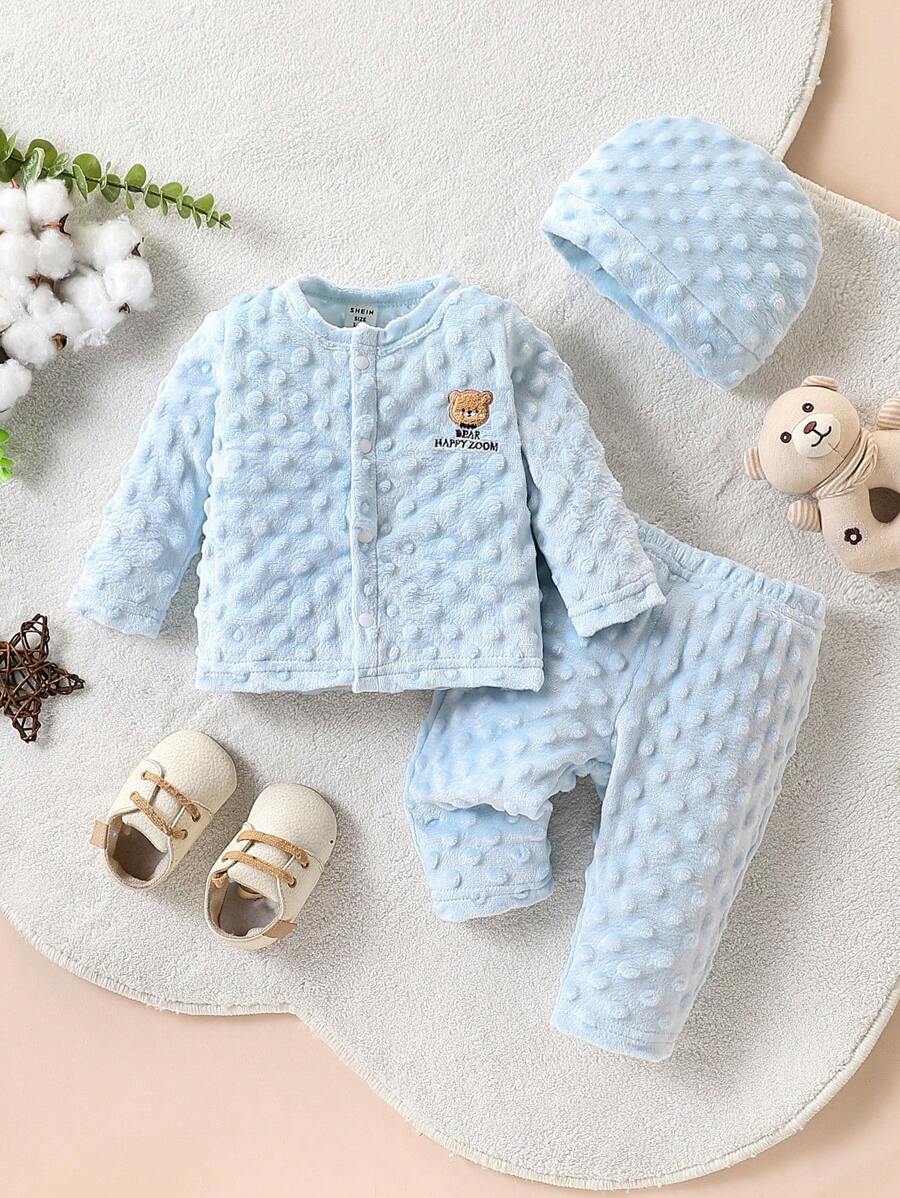 SHEIN 3 件套男婴简约柔软蓝色泡泡熊刺绣衬衫、裤子和帽子家居用品套装 - 淺藍色 - 查看 1