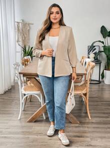 SHEIN Essnce 大码女装秋季休闲宽松卡其色长袖薄款西装外套，秋装，女士外套，办公室装，教师服，商务休闲女装，秋季女装上衣，老款 - 棕色 - 查看 5