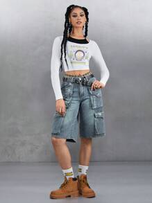 Rick and Morty X SHEIN Women's Cartoon Character & Slogan Print 2 In 1 Fitted Cropped T-Shirt, Graphic Tee - White - View 8