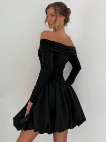 Siren Gaze New Off-Shoulder Puff & Peplum Black Mini Dress For Women, Fall Winter Elegant Evening Dress Party - Black - View 2