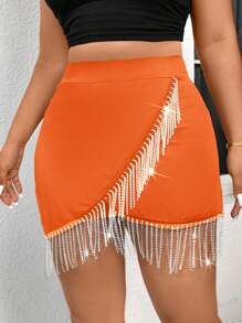 SHEIN Privé Pantalones cortos ajustado elegantes con cadena y decoración con borlas, talla grande, para primavera y verano - Naranja - Ver 1
