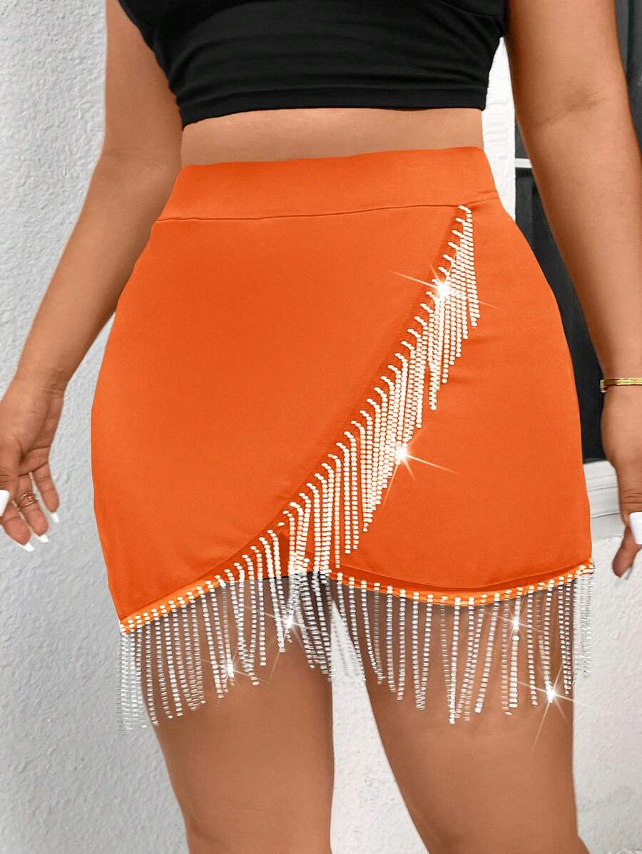 SHEIN Privé Pantalones cortos ajustado elegantes con cadena y decoración con borlas, talla grande, para primavera y verano - Naranja - Ver 1