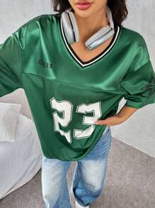 SHEIN EZwear Women's Knit Mesh Loose T-Shirt With Race Number Print - Dark Green - View 4