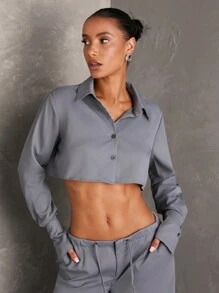 SHEIN BAE Women's Button Cuffed Long Sleeve Cropped Fashionable Elegant And Classy Blouse - Grey - View 5