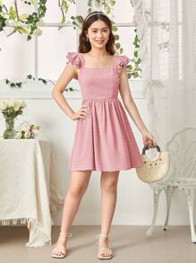SHEIN Leap Crew Teen Girl Woven Solid Color Cut-Out Bow Back Hollow Square Collar Casual Cap Sleeve Dress - Baby Pink - View 3