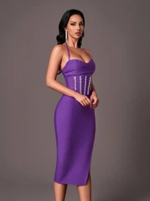 SHEIN Belle Elegant Purple Off Shoulder Bodycon Dress With Rhinestone Pearl Chain, Suitable For Wedding, Party, Graduation - Bodycon Design - Purple - View 4