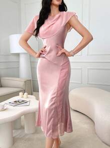 Modelyn Women's Solid Color Net Yarn Splice Summer Dress With Slit - Pink - View 3
