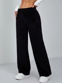 SHEIN PETITE Quần ống đứng vải flannel cạp cao - màu đen - Xem 5