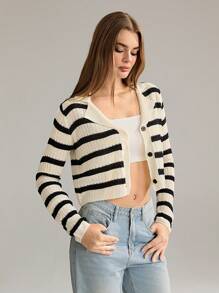 TRNVIE 1 件女士休闲简约舒适黑白条纹翻领前纽扣短针织开衫，秋冬 - 彩色 - 查看 6