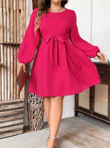 SHEIN Clasi Elegant Short Plus Size Women's Solid Color Round Neck Lantern Sleeve Dress With Pockets, Spring/Summer - Hot Pink - View 1
