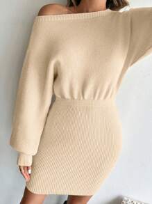 Chiquease 1 件女式露肩长袖修身连衣裙 - 杏色 - 查看 4