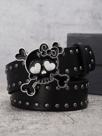 1 st Mode Svart Läder Urban Het Tjej Djärv Sexig Fantasy Funky Punk Glamorös Cool Gata Millennial Y2K-stil Pistol Svart Helnibbig Dekor Söt Skelett Dödskalle Rosett Spänne Dambälte För Ung Tjej Matchande Jeans Klänning T-shirt För Daglig Avslappnad Utflykt Fester, Baler, Glittrande Dekorationer, Utflykter Halloween Sommar, Skola Höst, Höst, Halloween