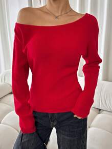 SHEIN SXY Women's Solid Asymmetrical Neckline Casual Long Sleeve Red Sweater Casual Party Elegant Home Sexy Autumn Winter Leisure Christmas Halloween New Year Asymmetrical Top - Red - View 3