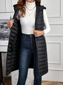 EMERY ROSE Áo khoác không tay có mũ trùm đầu túi thắt nơ màu trơn dành cho nữ, mùa thu đông - màu đen - Xem 4