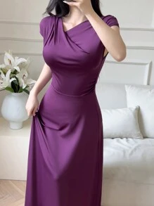 Modelyn Đầm cổ tròn màu trơn thanh lịch cho nữ, Đầm dạ hội dài mùa hè - Màu tím - Xem 1
