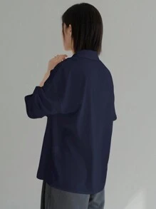 DAZY 女士休闲纯色长袖衬衫，春/秋 - 藏蓝色 - 查看 3