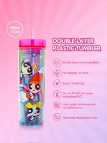 THE POWERPUFF GIRLS X SHEIN Cute Cartoon Figure Print 480ML Translucent Double-Layered Straw Cup - Multicolor - View 3