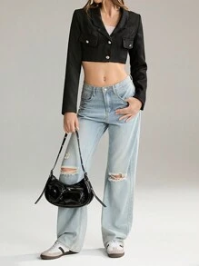 SHEIN Unity Women Elegant Solid Color Short Woolen Jacket, Autumn - Black - View 4