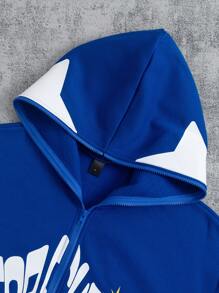 Manfinity Homme 男士大码休闲字母印花羊毛连帽夹克和裤子套装，秋冬 - 藍色 - 查看 7