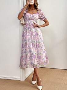 Breezaya 心形领镂空扎染花卉印花泡泡袖连衣裙 - 紫色 - 查看 6