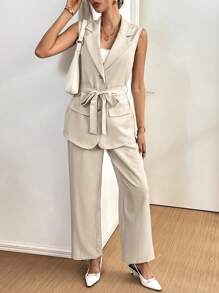 SHEIN Essnce Women's Summer,Fall Clothes,  Office Wear Women Set  Summer New Old Money Style ,Fashionable Casual Commuting Vacation Work Office Wear Business Casual Pride Outfits  Solid Color Single-Breasted Sleeveless Blazer And Long Pants, Fall Elegant Suit Se - Apricot - View 5
