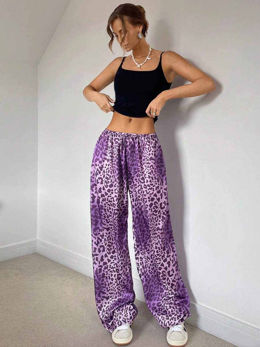 SHEIN Essnce Women Satin Leopard Print Low Waist Wide Leg Pants, Pajama Style Satin Pants, Pink Purple Leopard,Leopard Costume - Multicolor - View 1