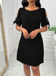 Lunelith SHEIN Lunessa Đầm ngắn tay cổ tròn màu trơn đính cườm xoắn phía trước dành cho nữ - màu đen - Xem 3