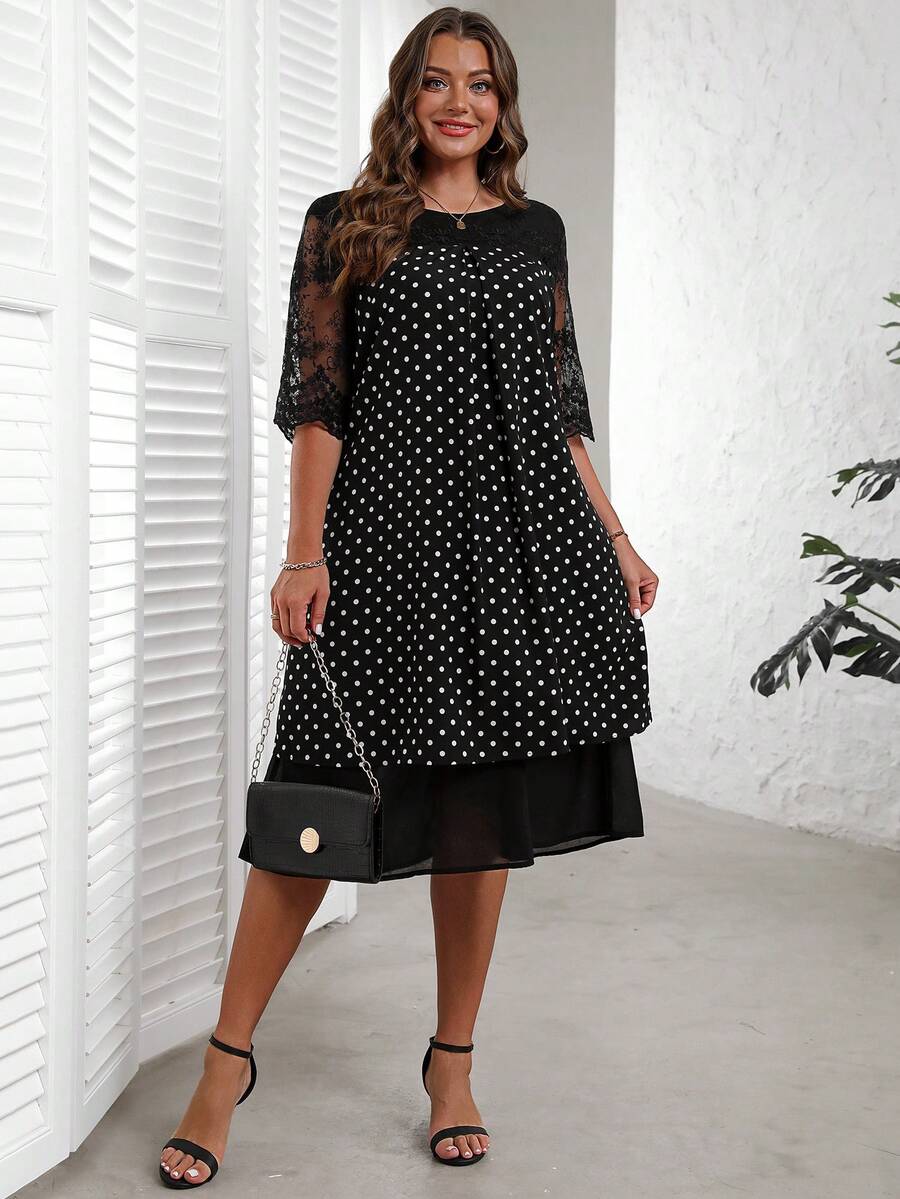 Miaspire Plus Size Round Neck Polka Dot Lace Splice Summer Elegant Dress