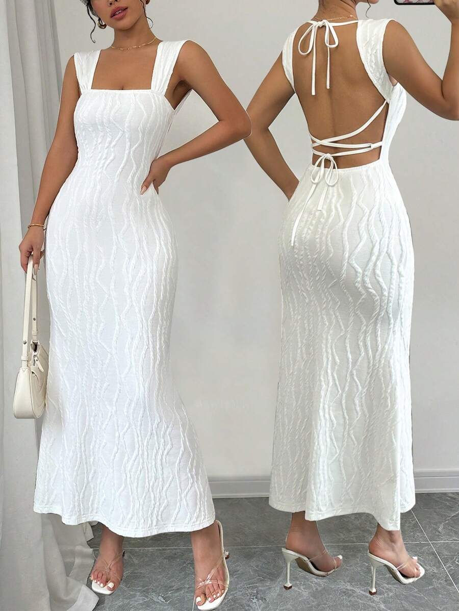 Rafferiza Đầm Maxi hở lưng viền đuôi cá màu trơn mùa hè cho nữ - trắng - Xem 1
