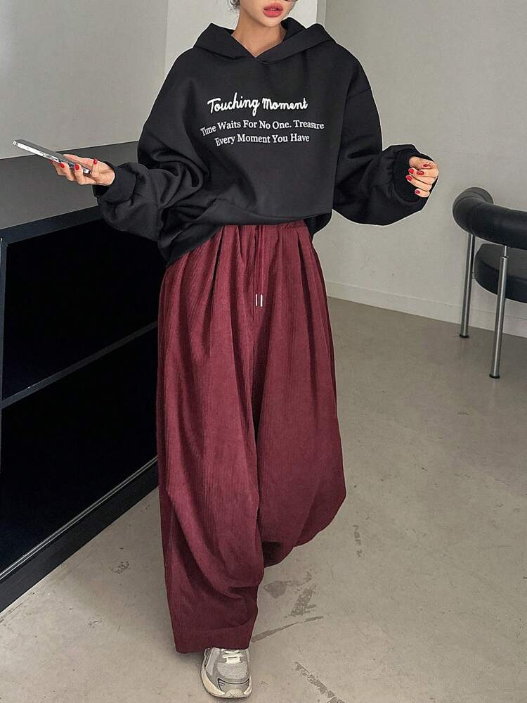 Women's Black Letter Print Hoodie Pullover Sweatshirt,Fall Women Clothes