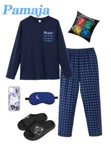 SHEIN Leap Crew 2pcs/Set Teen Boys' Urban Casual Simple Letter Embroidered Plaid Pocket Long Sleeve T-Shirt & Straight Leg Plaid Pants Pajama Set - Blue - View 1