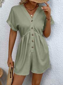 SHEIN Clasi 純色V領前扣夏季短袖連體褲 - 軍綠色 - 查看 4