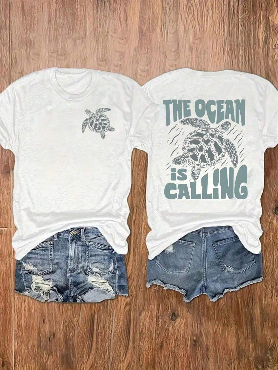 INAWLY 宽松/紧身女式夏季龟背印花上衣，非常适合海滩度假图案 T 恤女式上衣 - 白色 - 查看 1