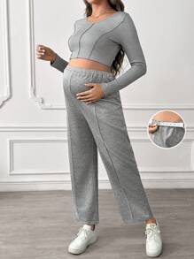 SHEIN 2pcs Pregnant Women Spring/Autumn Plain Long Sleeve Top And Pants Set, For Maternity - Grey - View 2