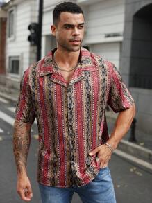 Manfinity Homme 大码全印花前扣夏季短袖衬衫 - 彩色 - 查看 3