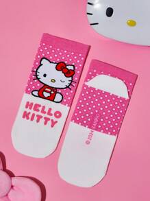 HELLO KITTY AND FRIENDS | SHEIN 3双装女士卡通猫咪字母图案蝴蝶结粉色撞色短袜，情人节